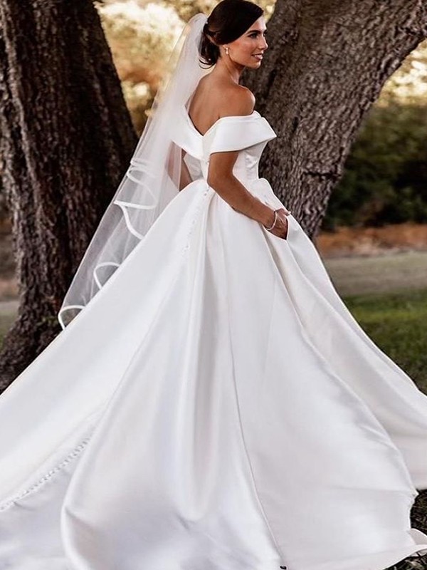 A-Line/Princess Satin Ruffles Off-the-Shoulder Sleeveless Chapel Train Wedding Dresses 833