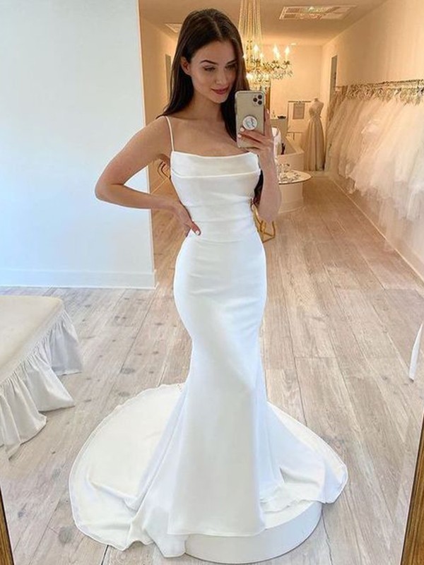 Sheath/Column Stretch Crepe Ruched Spaghetti Straps Sleeveless Court Train Wedding Dresses 1495