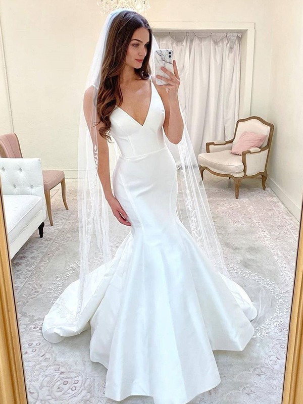 Trumpet/Mermaid Satin Ruffles V-neck Sleeveless Sweep/Brush Train Wedding Dresses 1621