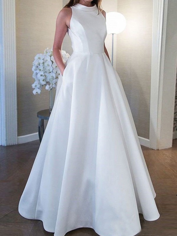 A-Line/Princess Satin Ruffles High Neck Sleeveless Sweep/Brush Train Wedding Dresses 829