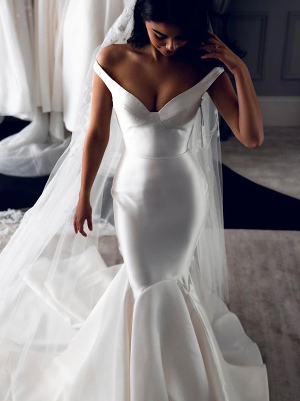 Trumpet/Mermaid Satin Ruffles Off-the-Shoulder Sleeveless Sweep/Brush Train Wedding Dresses 1619