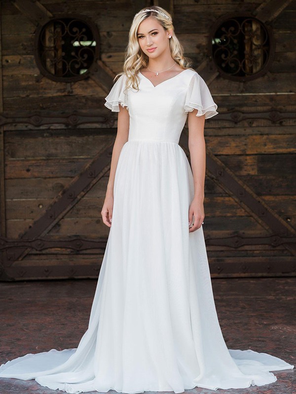 A-Line/Princess Chiffon Ruffles V-neck Short Sleeves Sweep/Brush Train Wedding Dresses 674