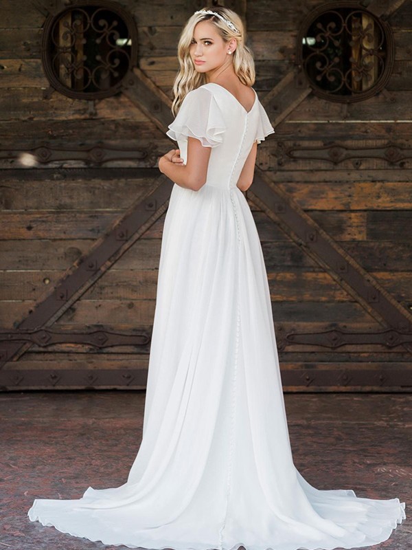 A-Line/Princess Chiffon Ruffles V-neck Short Sleeves Sweep/Brush Train Wedding Dresses 674