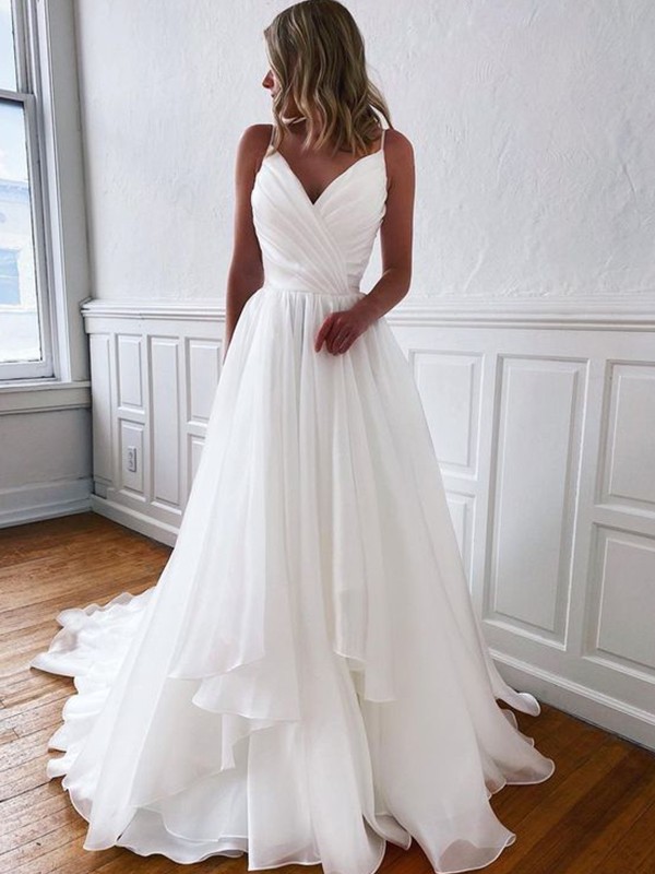 A-Line/Princess Organza  Ruffles V-neck Sleeveless Sweep/Brush Train Wedding Dresses 676