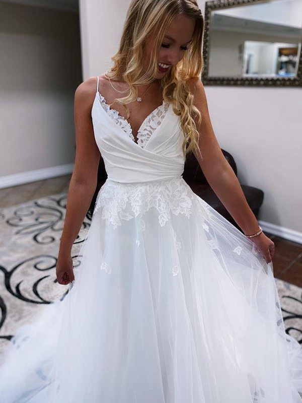 A-Line/Princess Lace Ruched V-neck Sleeveless Sweep/Brush Train Wedding Dresses 726