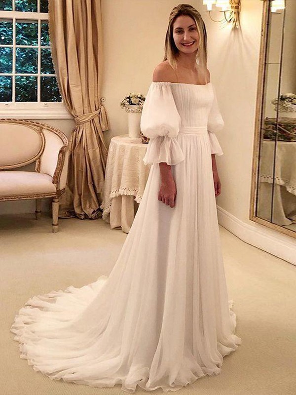 A-Line/Princess Chiffon Ruffles Off-the-Shoulder 3/4 Sleeves Sweep/Brush Train Wedding Dresses 667