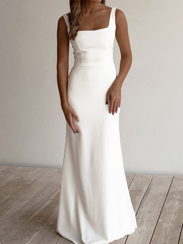 Sheath/Column Stretch Crepe Ruffles Straps Sleeveless Floor-Length Wedding Dresses 1512