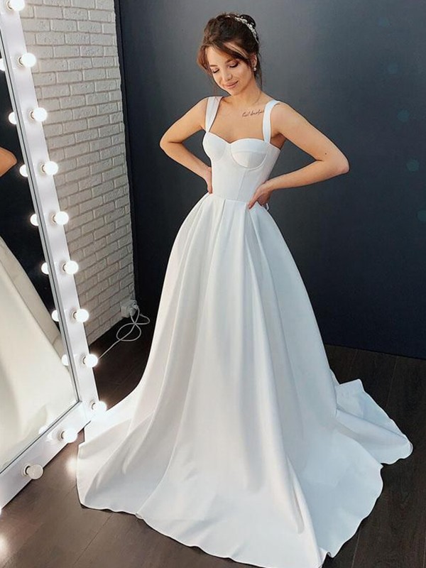 A-Line/Princess Satin Ruffles Straps Sleeveless Sweep/Brush Train Wedding Dresses 849