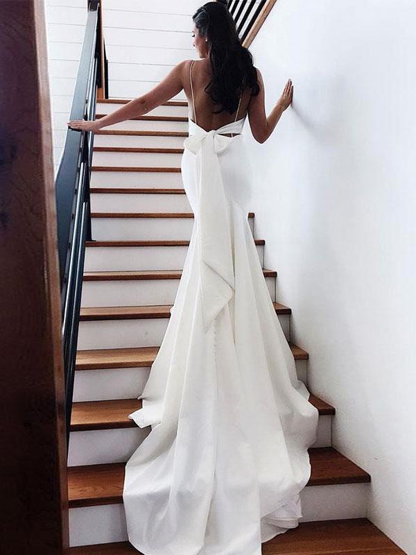 Sheath/Column Stretch Crepe Ruffles V-neck Sleeveless Court Train Wedding Dresses 1517