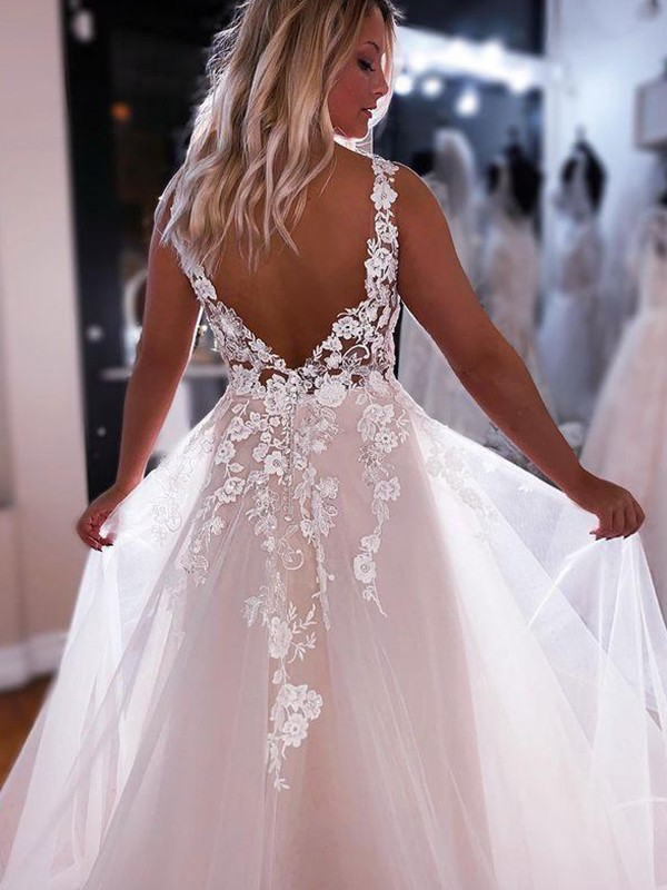 A-Line/Princess Lace Applique V-neck Sleeveless Sweep/Brush Train Wedding Dresses 720