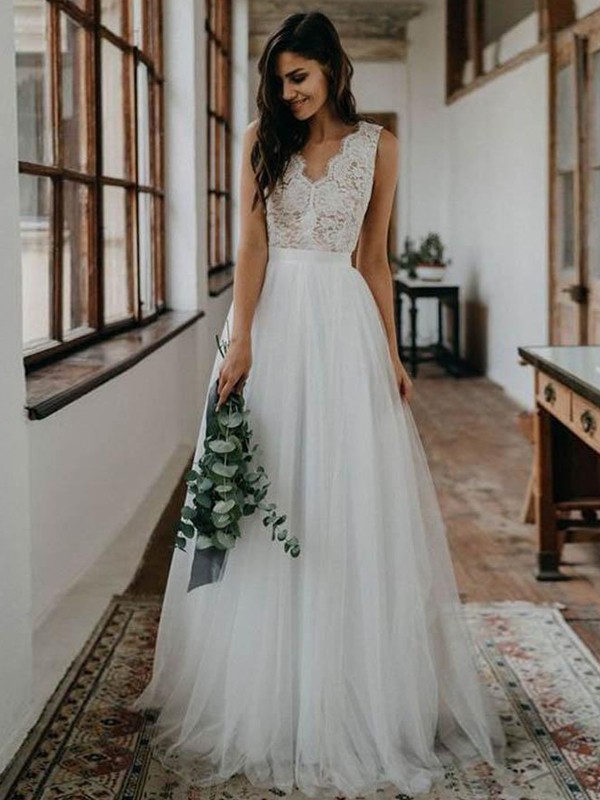 A-Line/Princess Tulle Lace V-neck Sleeveless Floor-Length Wedding Dresses 1071