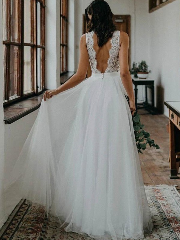 A-Line/Princess Tulle Lace V-neck Sleeveless Floor-Length Wedding Dresses 1071