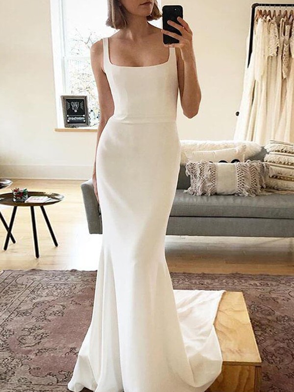 Sheath/Column Stretch Crepe Ruffles Straps Sleeveless Sweep/Brush Train Wedding Dresses 1514