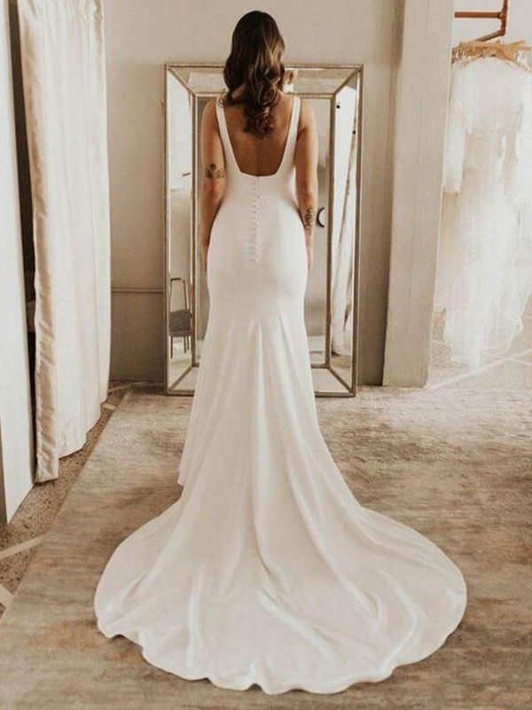 Sheath/Column Stretch Crepe Ruffles Straps Sleeveless Sweep/Brush Train Wedding Dresses 1514