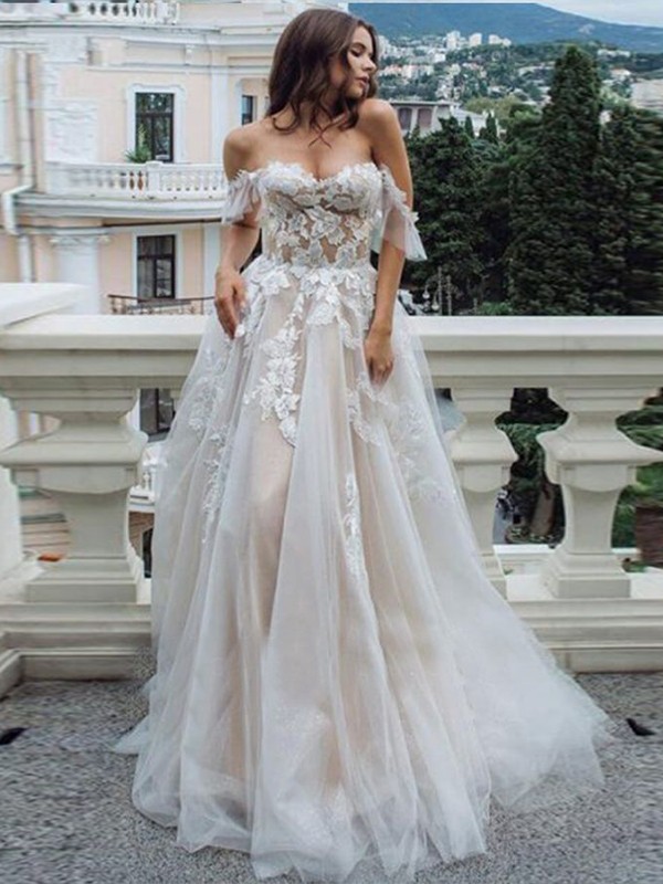 A-Line/Princess Lace Applique Off-the-Shoulder Sleeveless Sweep/Brush Train Wedding Dresses 694