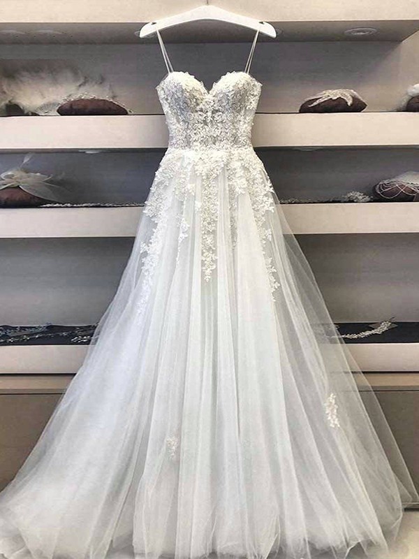 A-Line/Princess Lace Applique Sweetheart Sleeveless Floor-Length Wedding Dresses 705