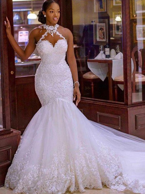 Trumpet/Mermaid Tulle Lace Halter Sleeveless Sweep/Brush Train Wedding Dresses 1726