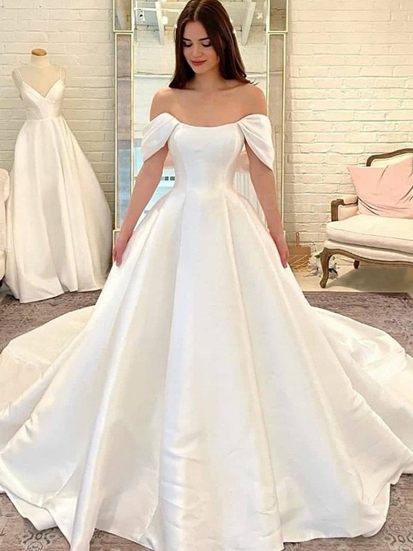 A-Line/Princess Satin Off-the-Shoulder Ruffles Short Sleeves Sweep/Brush Train Wedding Dresses 808