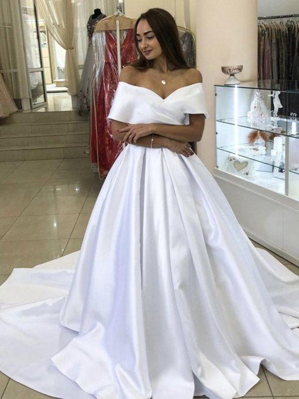 A-Line/Princess Satin Ruffles Off-the-Shoulder Sleeveless Sweep/Brush Train Wedding Dresses 834