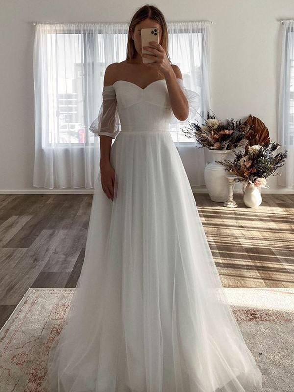 A-Line/Princess Tulle Ruffles Off-the-Shoulder 3/4 Sleeves Floor-Length Wedding Dresses 1086