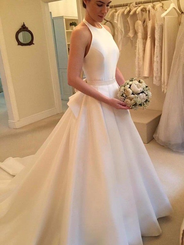 A-Line/Princess Satin Bowknot Halter Sleeveless Court Train Wedding Dresses 795