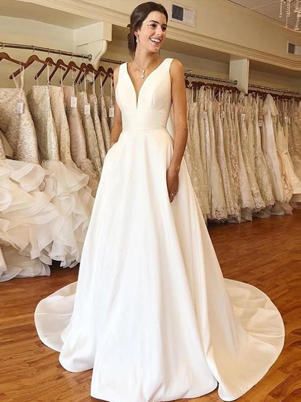 A-Line/Princess Satin Ruffles V-neck Sleeveless Sweep/Brush Train Wedding Dresses 860