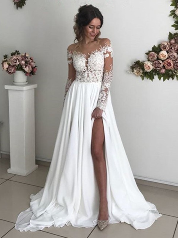 A-Line/Princess Chiffon Applique Scoop Long Sleeves Sweep/Brush Train Wedding Dresses 633