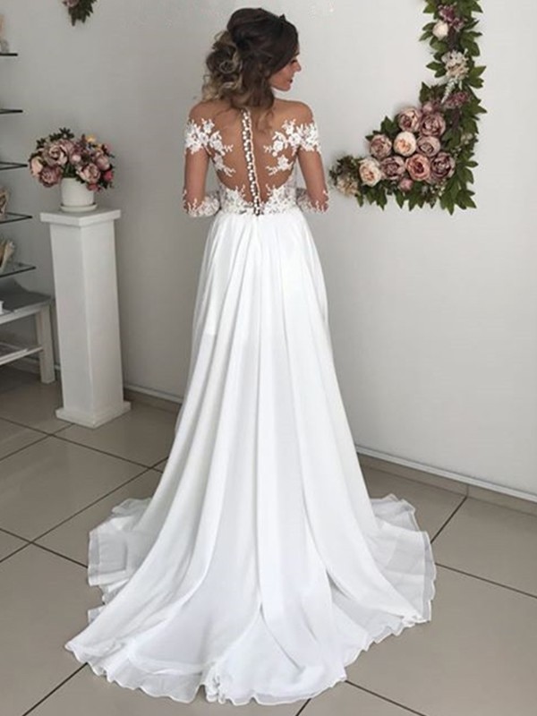 A-Line/Princess Chiffon Applique Scoop Long Sleeves Sweep/Brush Train Wedding Dresses 633