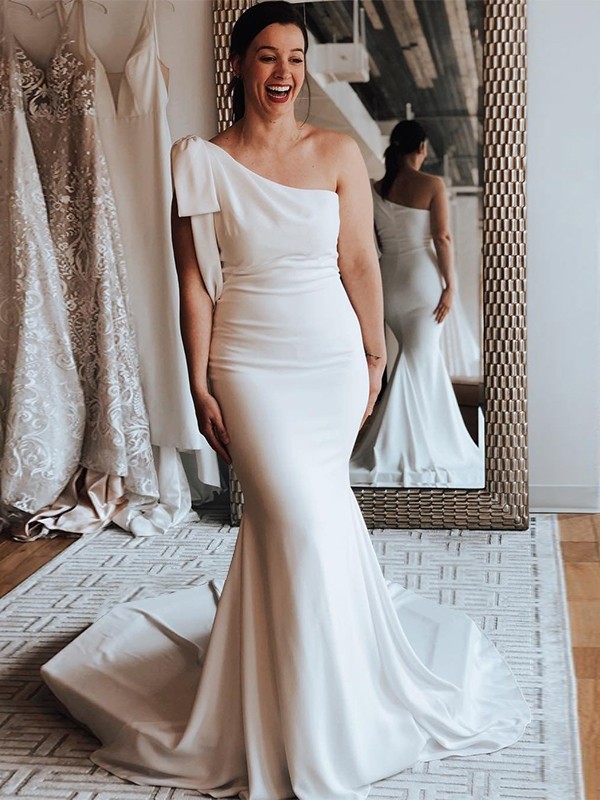 Sheath/Column Satin Ruched One-Shoulder Sleeveless Sweep/Brush Train Wedding Dresses 1419