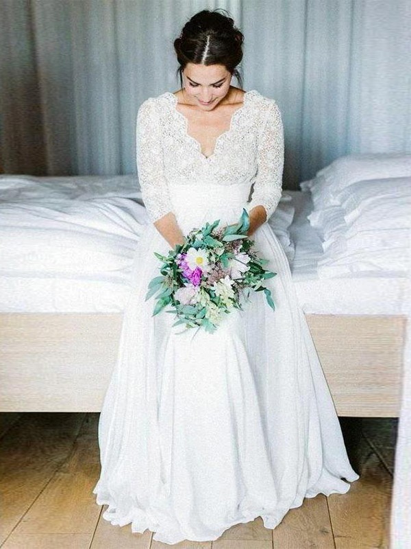 A-Line/Princess Chiffon Lace V-neck Long Sleeves Floor-Length Wedding Dresses 651