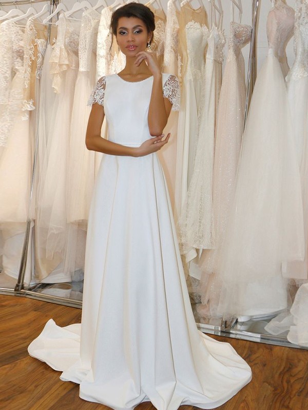 A-Line/Princess Stretch Crepe Lace Scoop Short Sleeves Sweep/Brush Train Wedding Dresses 939