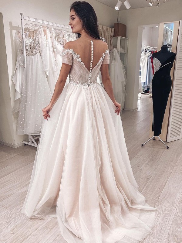 A-Line/Princess Tulle Lace Off-the-Shoulder Sleeveless Sweep/Brush Train Wedding Dresses 1052