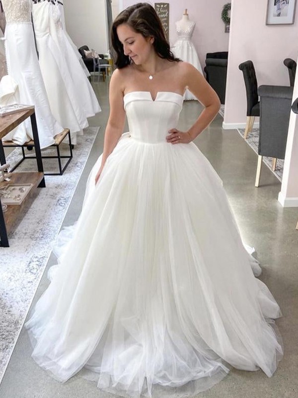 Ball Gown Tulle Ruffles Strapless Sleeveless Sweep/Brush Train Wedding Dresses 1313