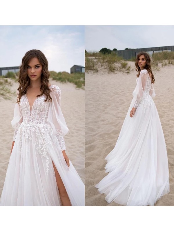 A-Line/Princess Lace Applique V-neck Long Sleeves Sweep/Brush Train Wedding Dresses 707