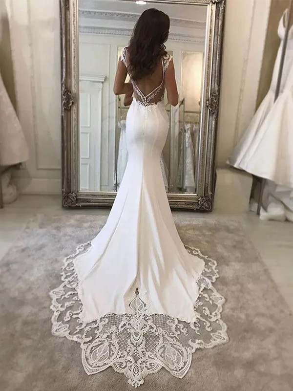 Sheath/Column Stretch Crepe Lace V-neck Sleeveless Sweep/Brush Train Wedding Dresses 1482