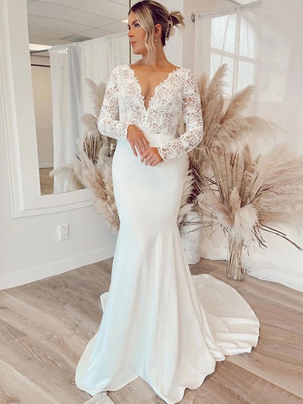 Sheath/Column Stretch Crepe Lace V-neck Long Sleeves Sweep/Brush Train Wedding Dresses 1471