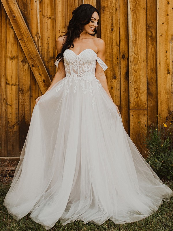 A-Line/Princess Tulle Applique Off-the-Shoulder Sleeveless Sweep/Brush Train Wedding Dresses 986