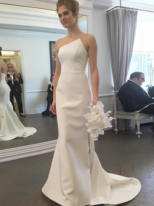 Sheath/Column Stretch Crepe Ruffles Strapless Sleeveless Sweep/Brush Train Wedding Dresses 1511