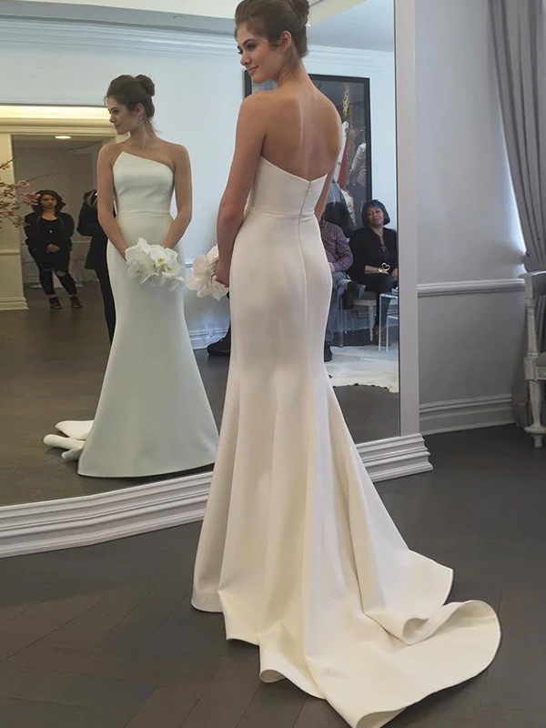 Sheath/Column Stretch Crepe Ruffles Strapless Sleeveless Sweep/Brush Train Wedding Dresses 1511