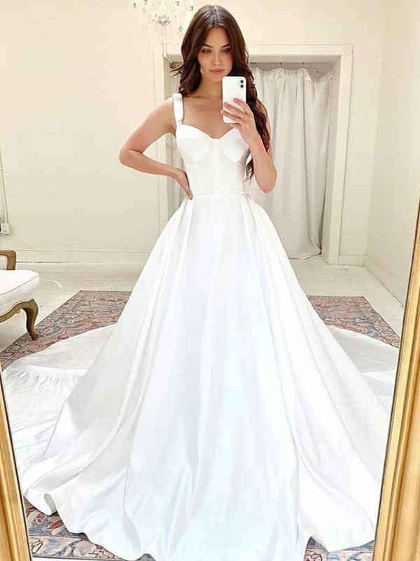 A-Line/Princess Satin Ruffles Straps Sleeveless Court Train Wedding Dresses 847