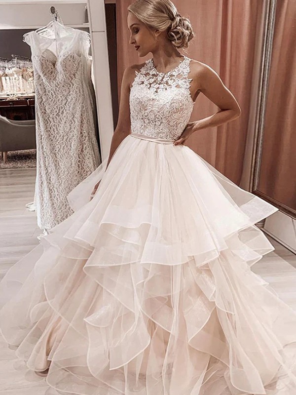 A-Line/Princess Tulle Lace Scoop Sleeveless Floor-Length Wedding Dresses 1059