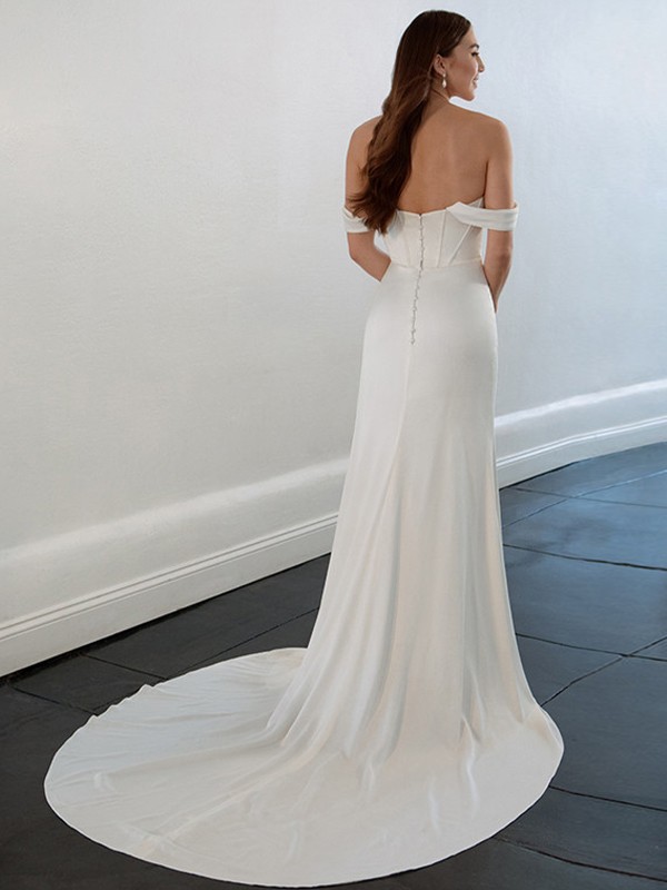 Sheath/Column Charmeuse Ruched Off-the-Shoulder Sleeveless Court Train Wedding Dresses 1354