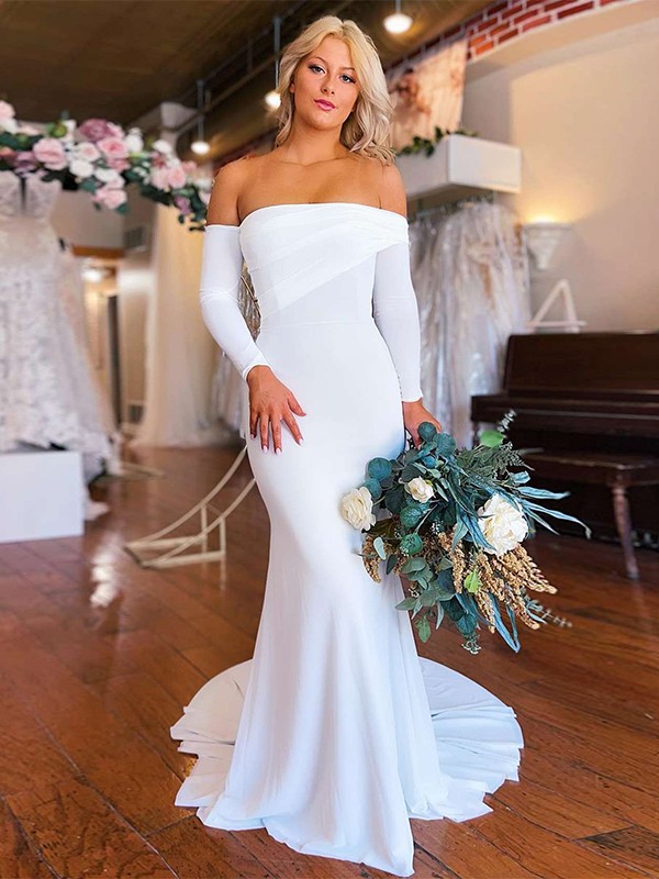 Trumpet/Mermaid Jersey Ruched Off-the-Shoulder Long Sleeves Chapel Train Wedding Dresses 1569