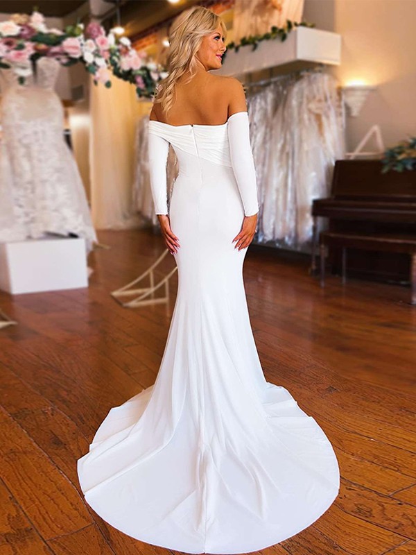 Trumpet/Mermaid Jersey Ruched Off-the-Shoulder Long Sleeves Chapel Train Wedding Dresses 1569