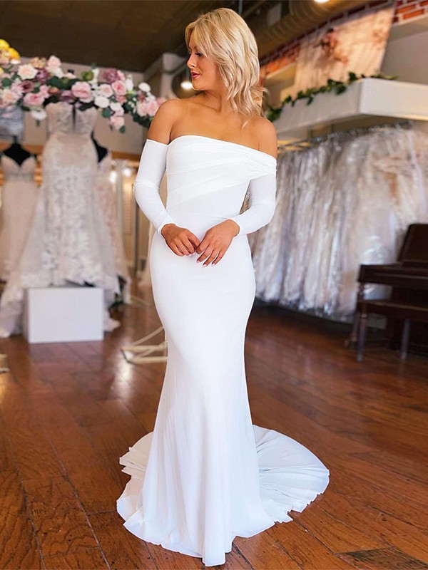 Trumpet/Mermaid Jersey Ruched Off-the-Shoulder Long Sleeves Chapel Train Wedding Dresses 1569