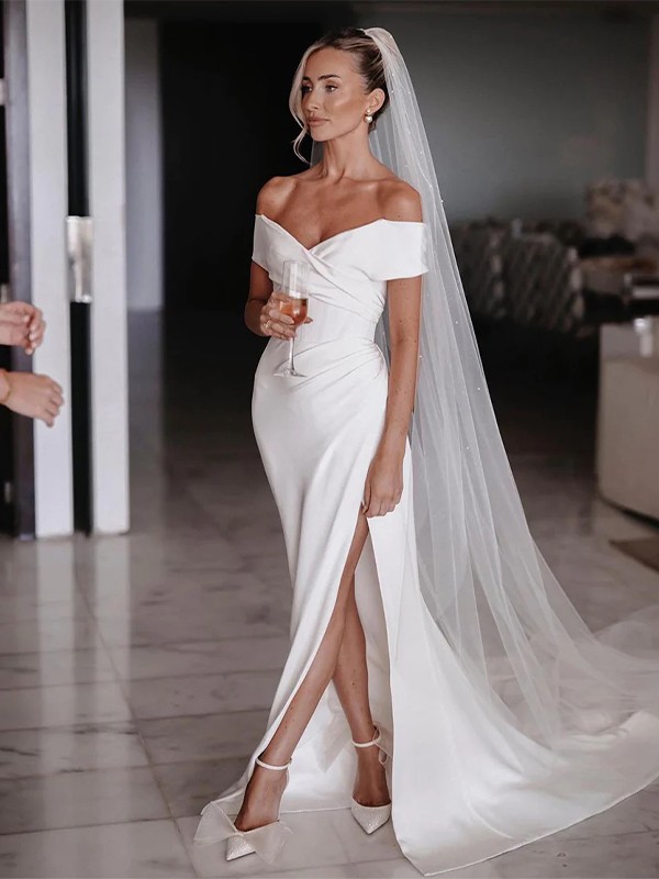 Sheath/Column Stretch Crepe Ruched Off-the-Shoulder Sleeveless Chapel Train Wedding Dresses 1487