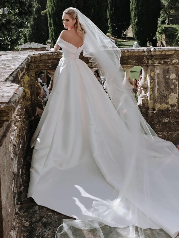 A-Line/Princess Satin Ruched Off-the-Shoulder Sleeveless Chapel Train Wedding Dresses 810