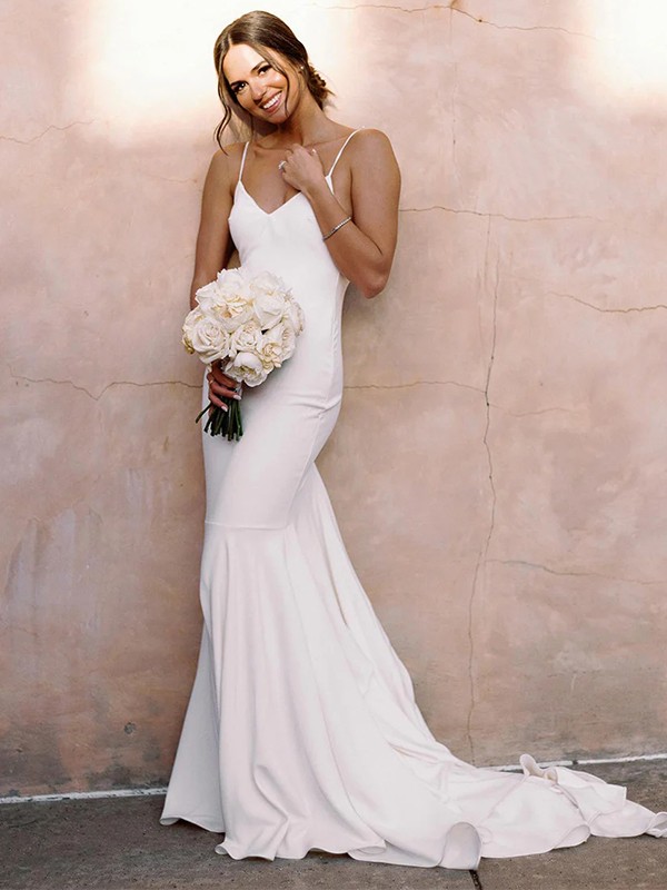 Sheath/Column Stretch Crepe V-neck Sleeveless Court Train Wedding Dresses 1523