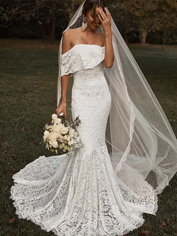 Trumpet/Mermaid Lace Off-the-Shoulder Short Sleeves Sweep/Brush Train Wedding Dresses 1579