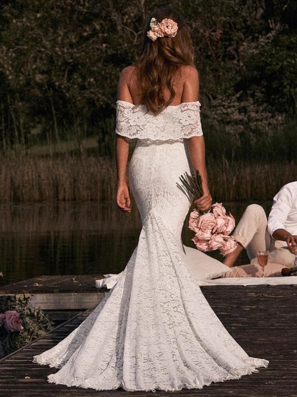 Trumpet/Mermaid Lace Off-the-Shoulder Short Sleeves Sweep/Brush Train Wedding Dresses 1579